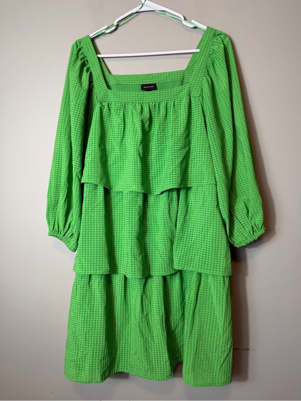 Who What Wear green gingham tiered mini dress square neckline Medium